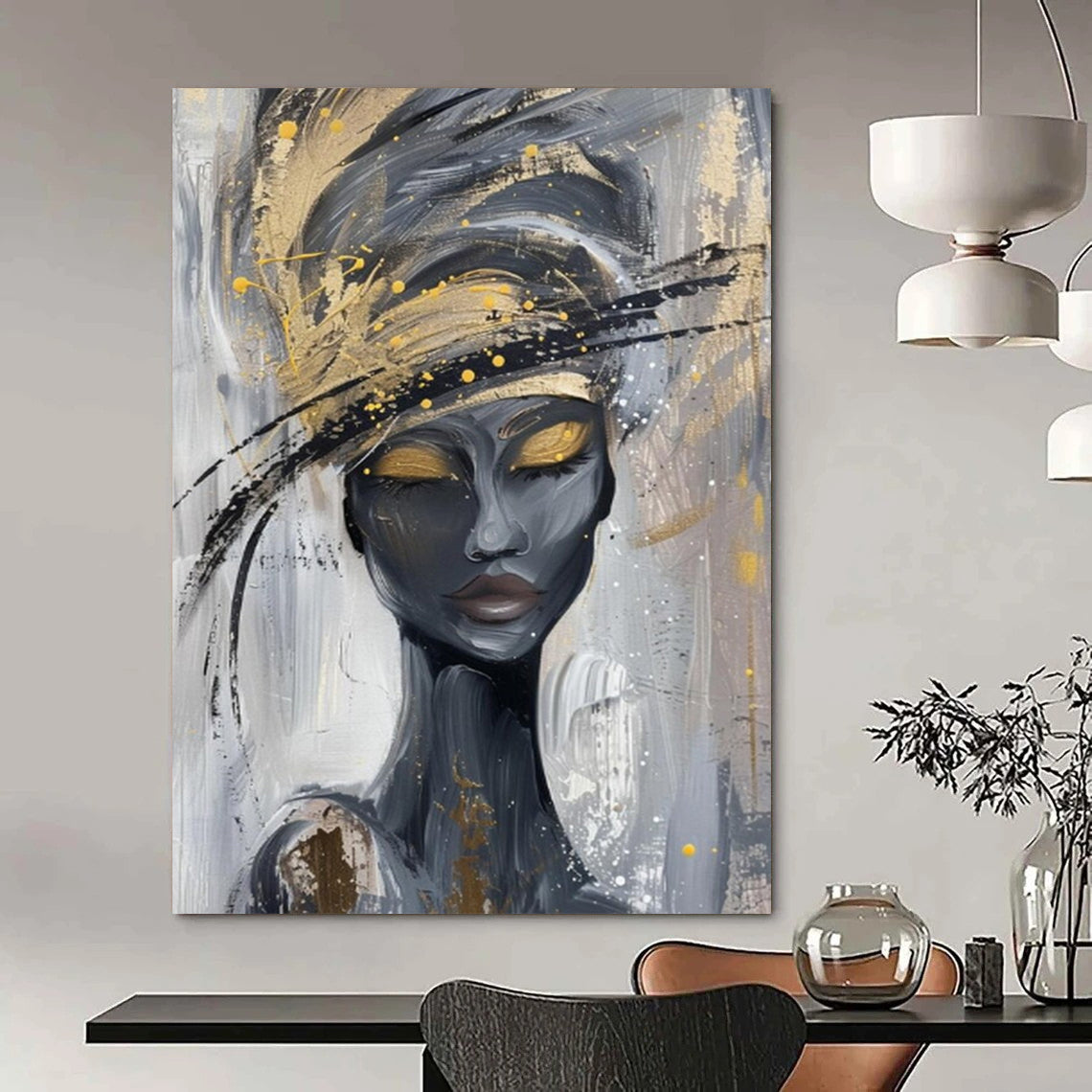 “Elegant Gold - Hatted Lady” - Gray, Black & Gold Abstract Portrait Painting On Canvas CT2197