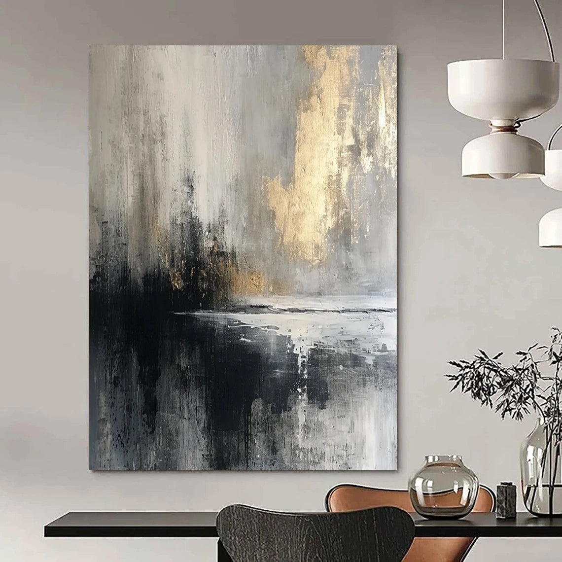 “Gray - Gold Abstract Reflection” - Abstract Expressionist Painting On Canvas DTP067