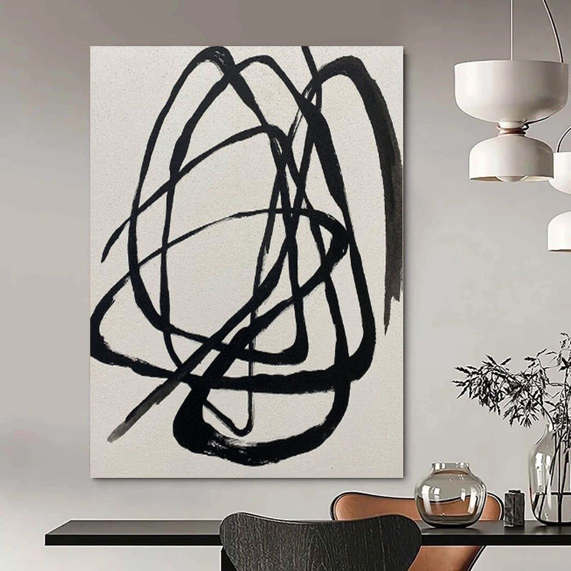“Black Tangled Lines on White” – Expressive Abstract Painting CT1116