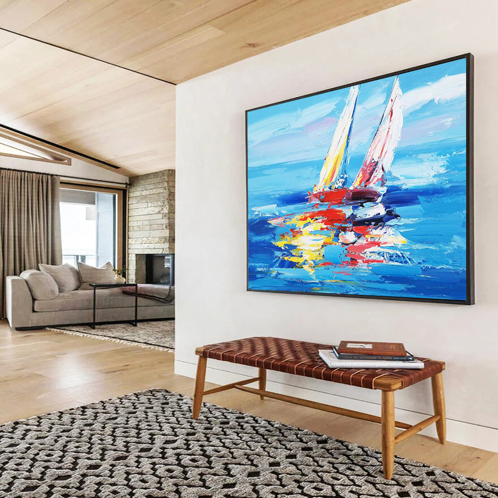 “Vibrant Sailboats at Sea” - Blue, Red & Yellow Impressionist Nautical Painting On Canvas DLZ266