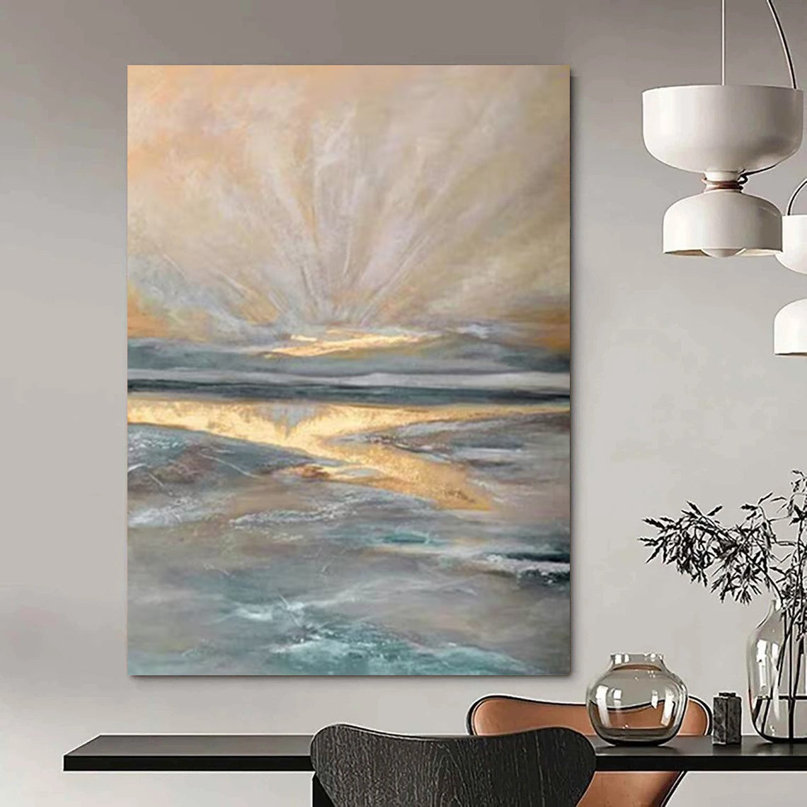 “Golden Horizon - Gold, Blue, Gray Ethereal Seaside” Painting On Canvas DTP264