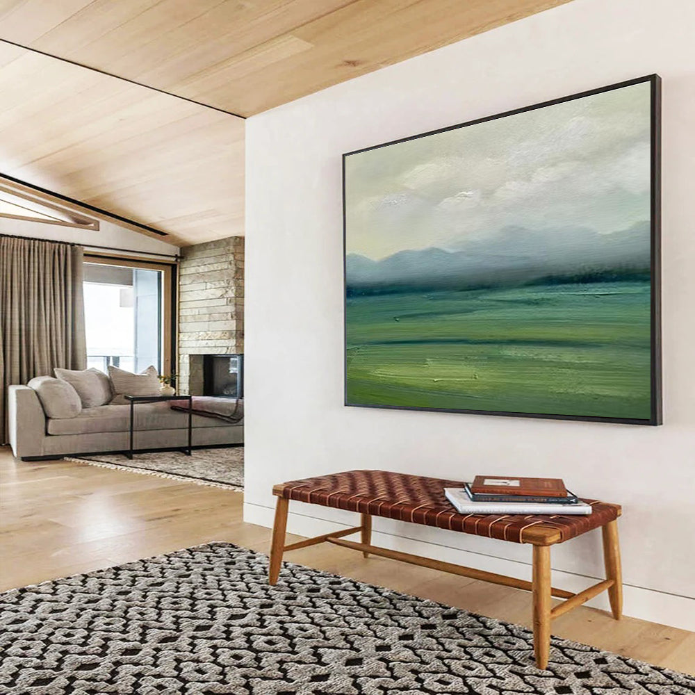 Muted Green and Gray Landscape “Misty Mountain Vista” Painting On Canvas DKH101