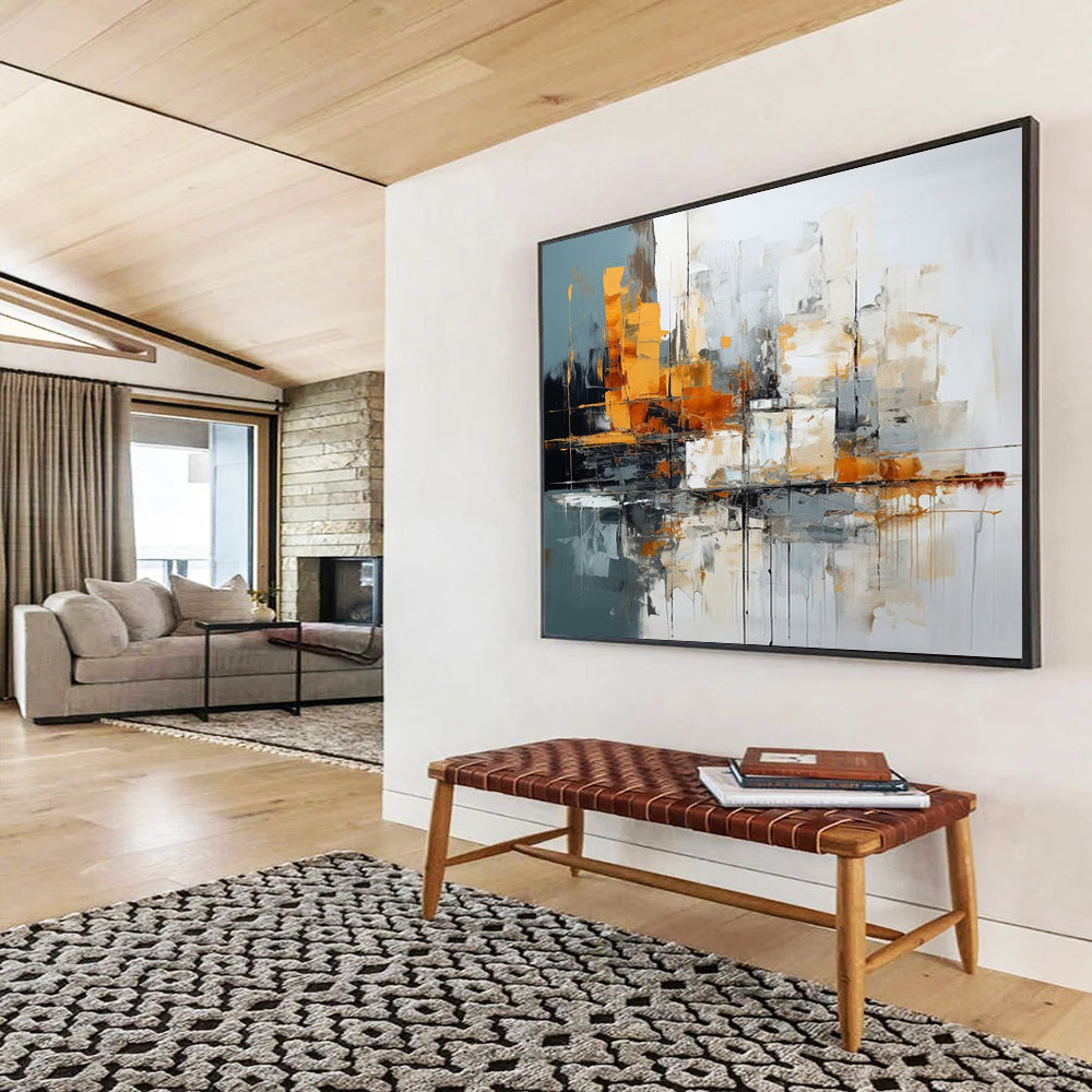 “Gray, Orange, White Urban ‘Cityscape Rhythm’” - Abstract Cityscape Painting On Canvas DLZ002