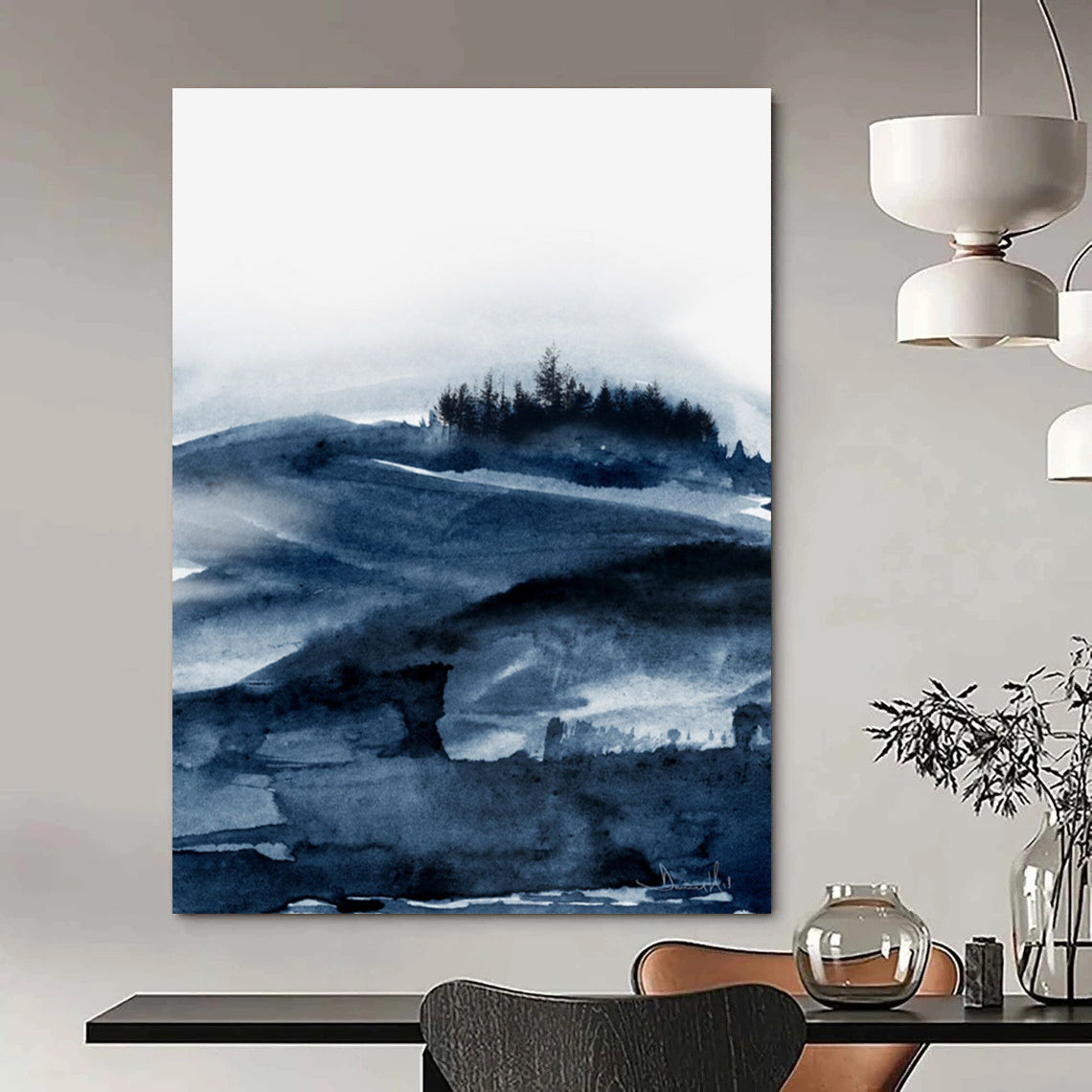 “Blue Watercolor Landscape” - Blue, White Abstract Landscape Painting On Canvas DTP230