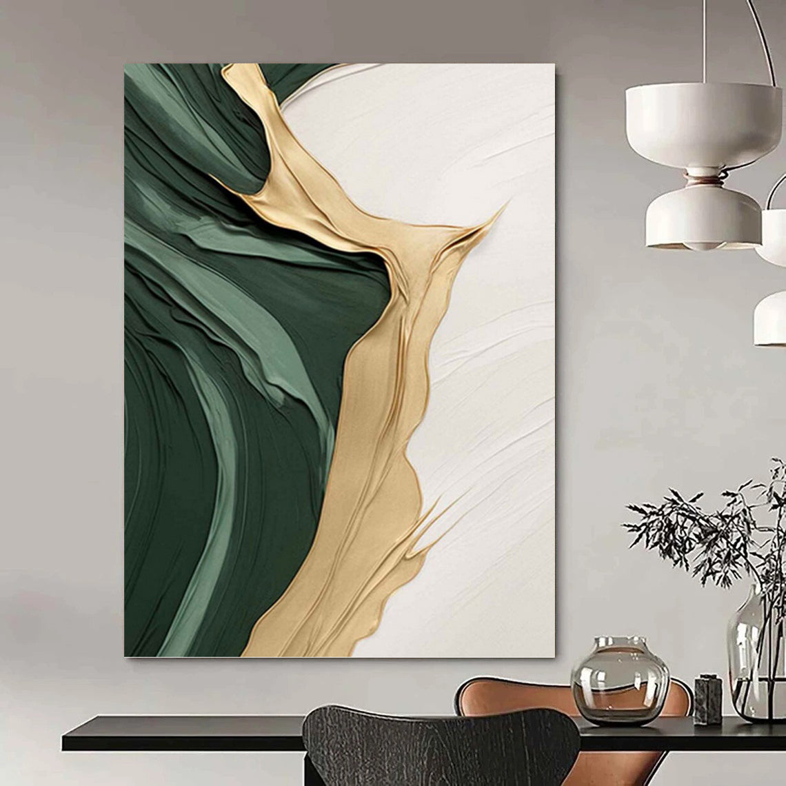 Emerald Green, Gold, and White Textured Abstract - Abstract Painting On Canvas DKH1496