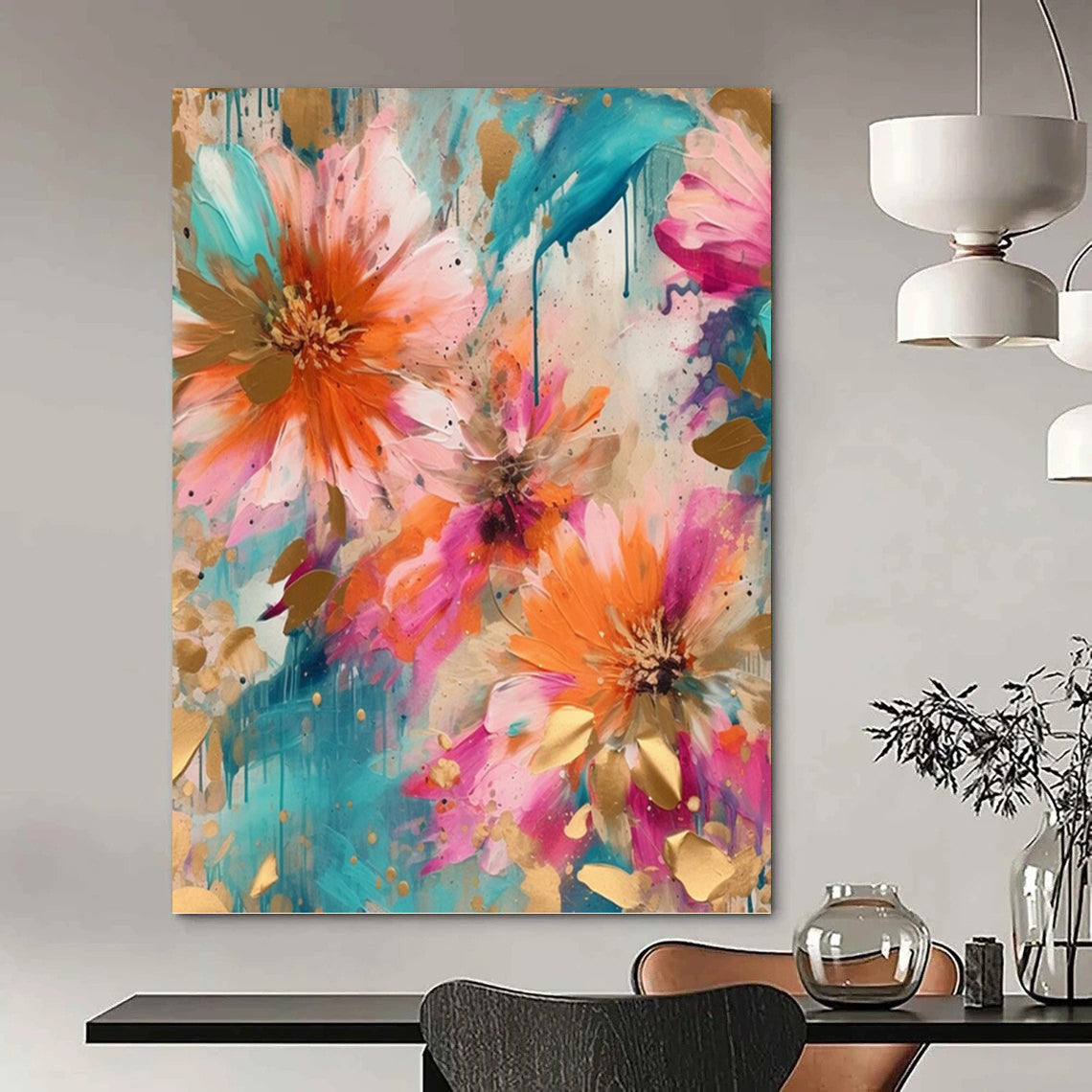 “Teal & Gold Floral Splash with Drips” - Modern Abstract Flower Painting On Canvas DKH1598