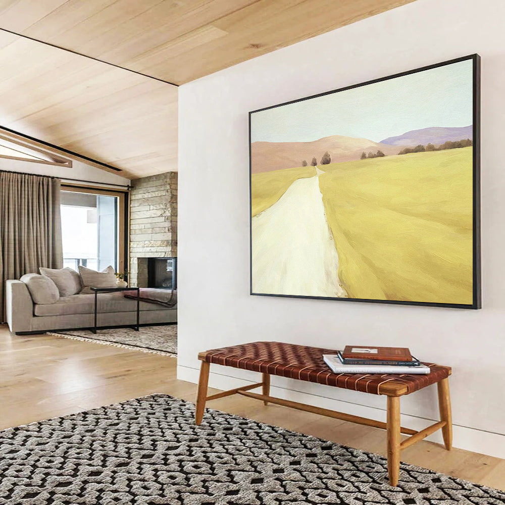 “Golden Path to Distant Hills” - Yellow, Beige, Purple Realistic Landscape Painting On Canvas DKH742