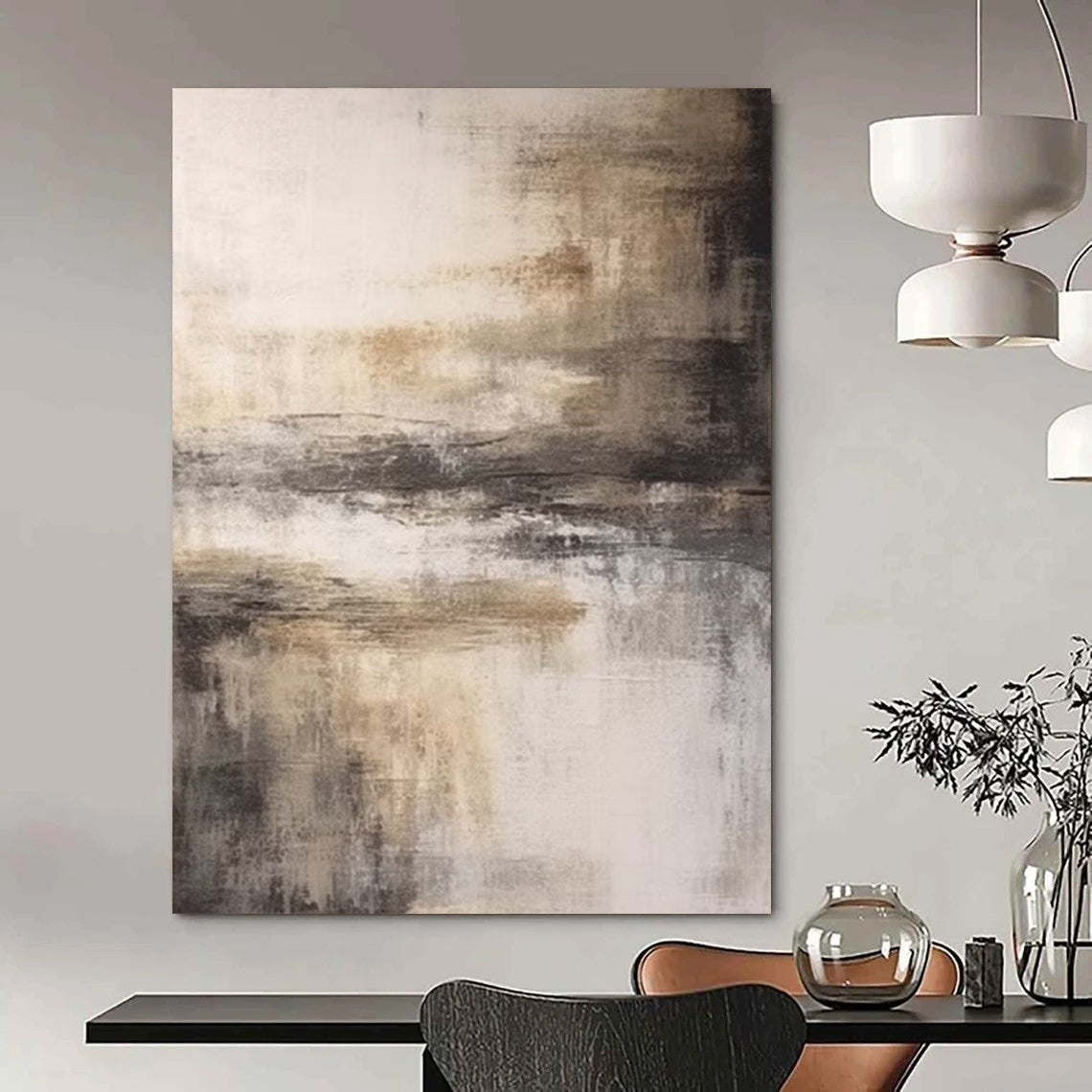 “Gray, Brown, White Abstract Landscape ‘Misty Memory’” - Impasto Landscape Painting On Canvas DTP362