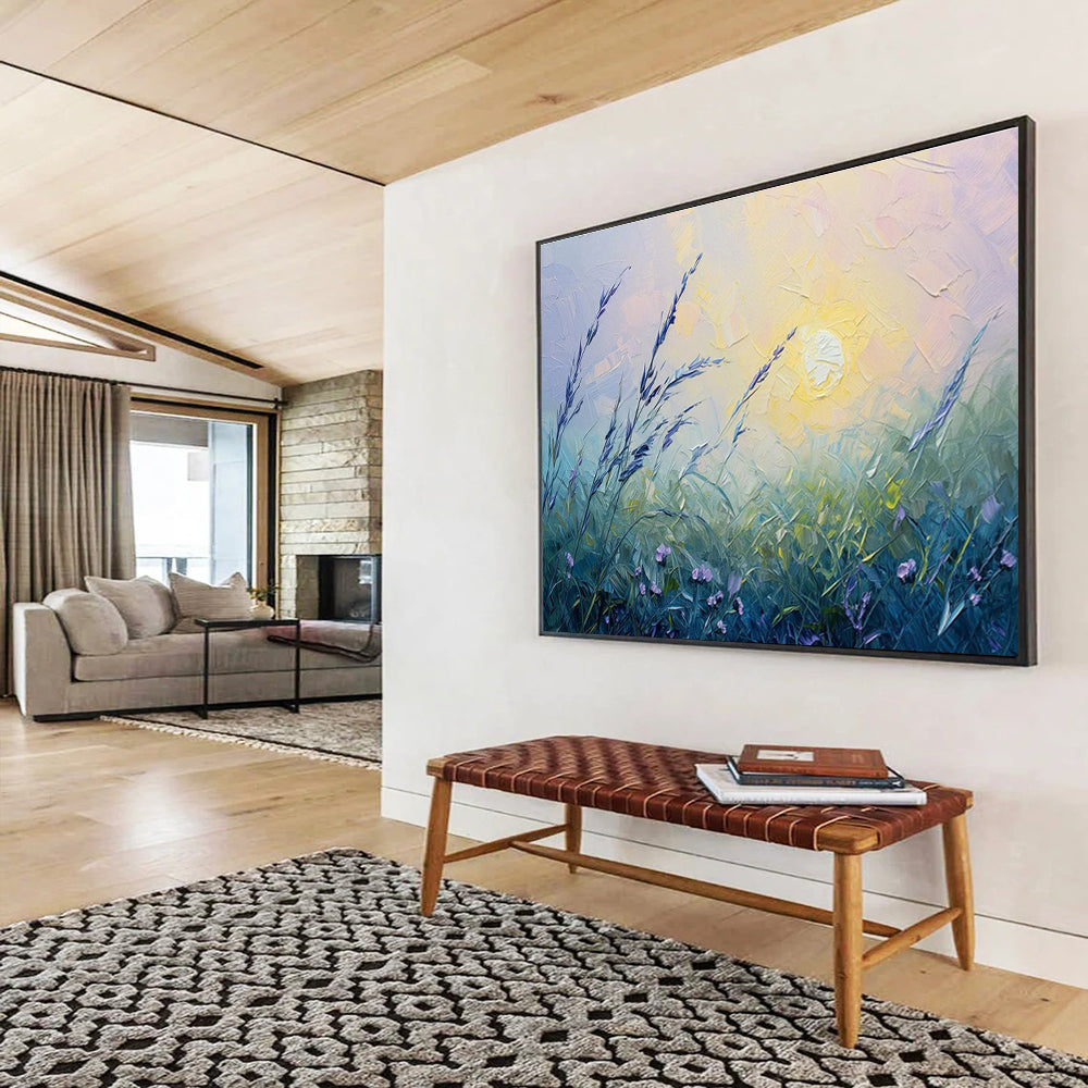 “Pastel Meadow at Sunset” - Soft Purple, Green, Yellow Impressionistic Landscape Painting On Canvas DKH762