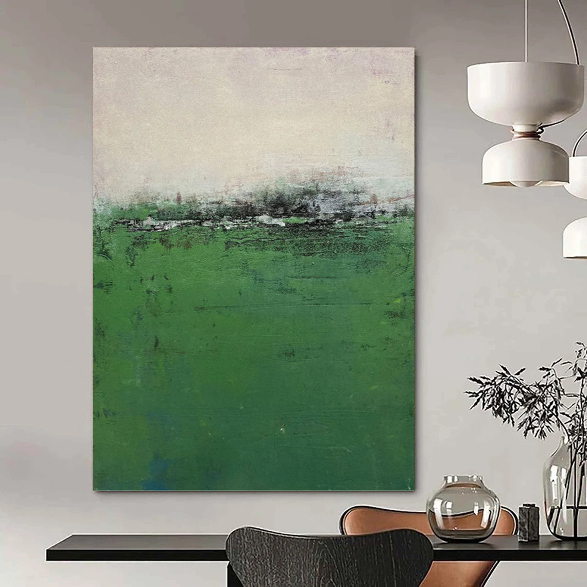 “Misty Green Field” - Green & Gray Abstract Landscape Painting On Canvas DKH1207