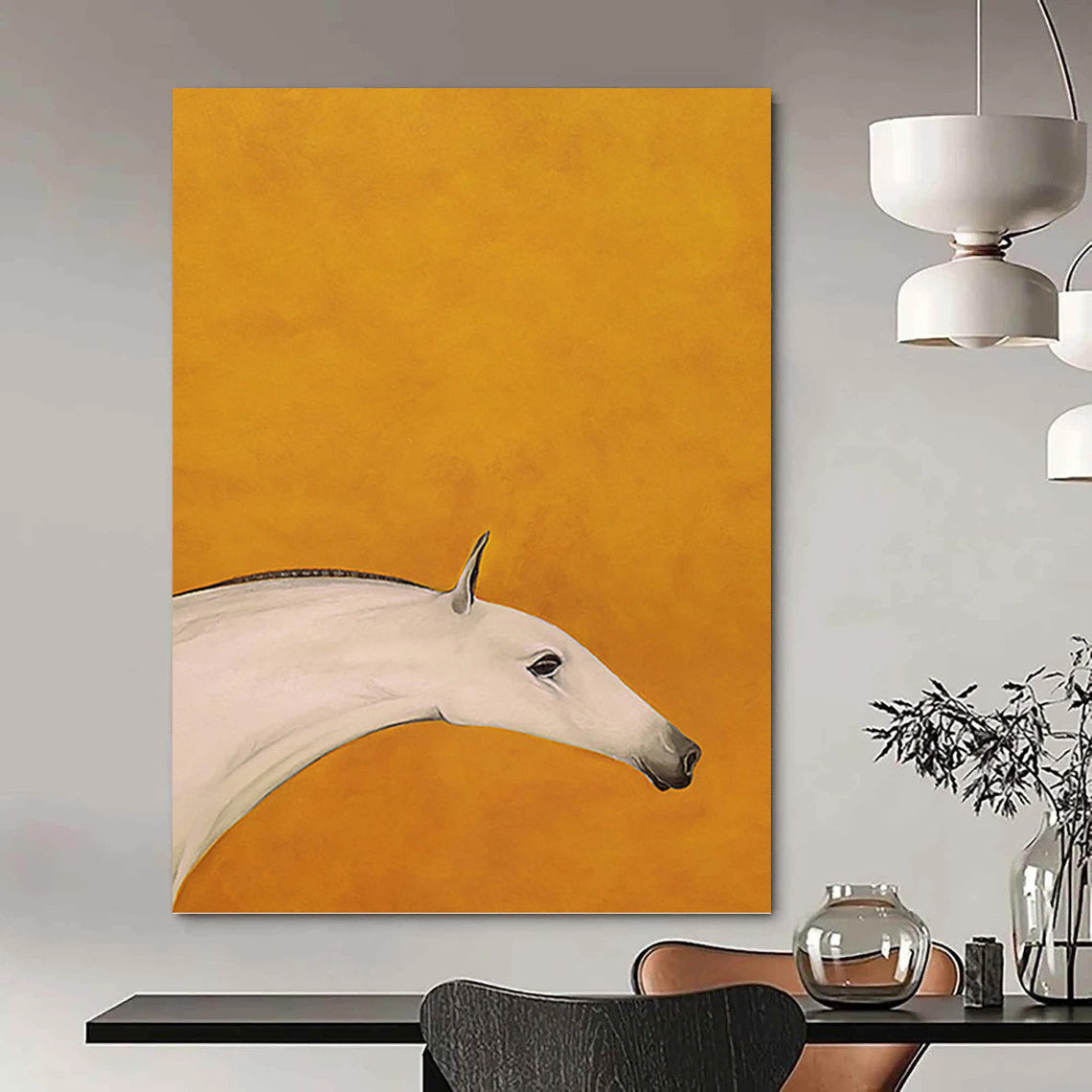 Minimalist White Horse on Orange Background - Equine Painting On Canvas DKH1427