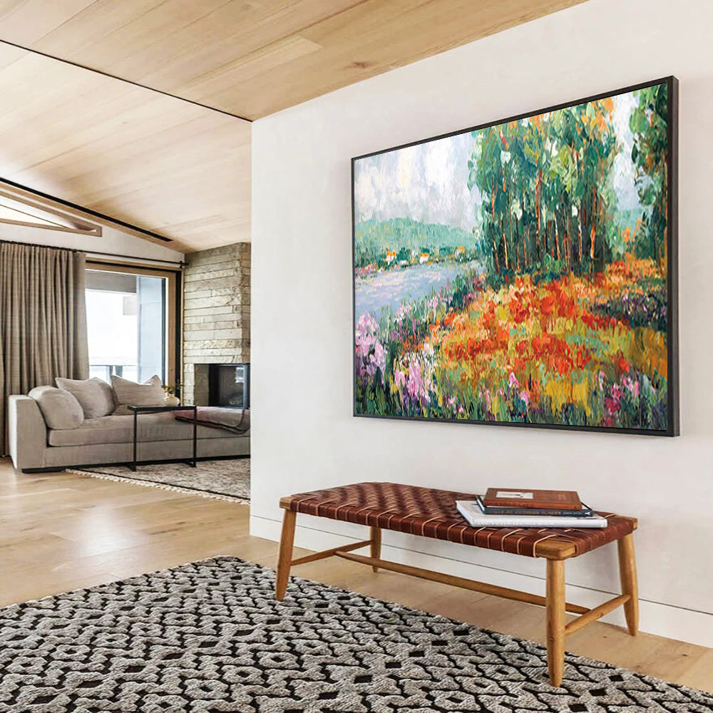 Colorful Riverbank Flowers - Impressionist Landscape Painting On Canvas DLZ228
