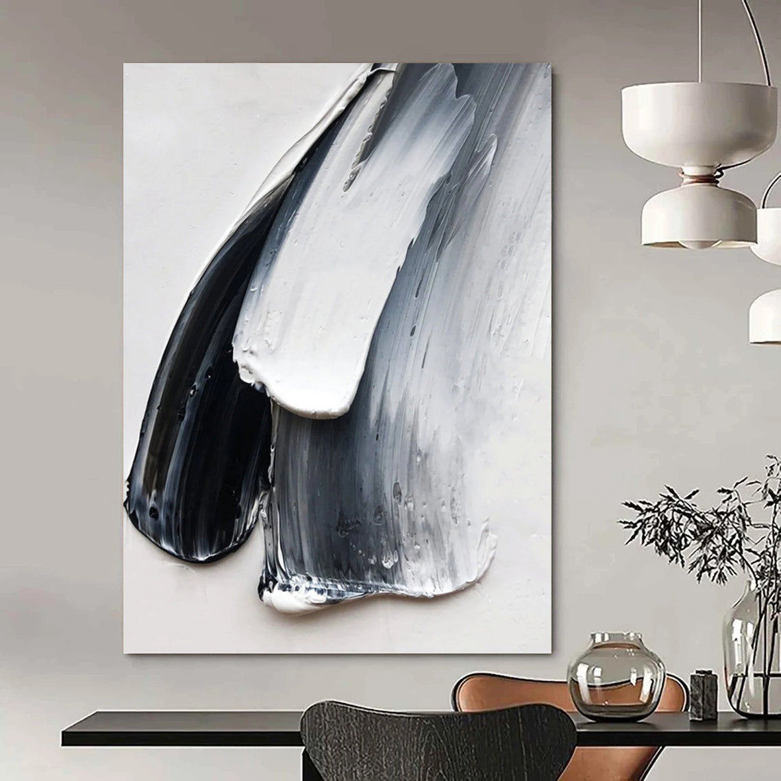 “Black - White - Gray Textured Strokes” - Minimalist Impasto Painting On Canvas DKH1676