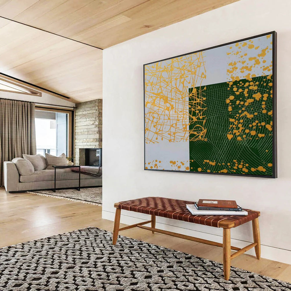 Geometric Gold and Green Abstract Painting On Canvas DKH307