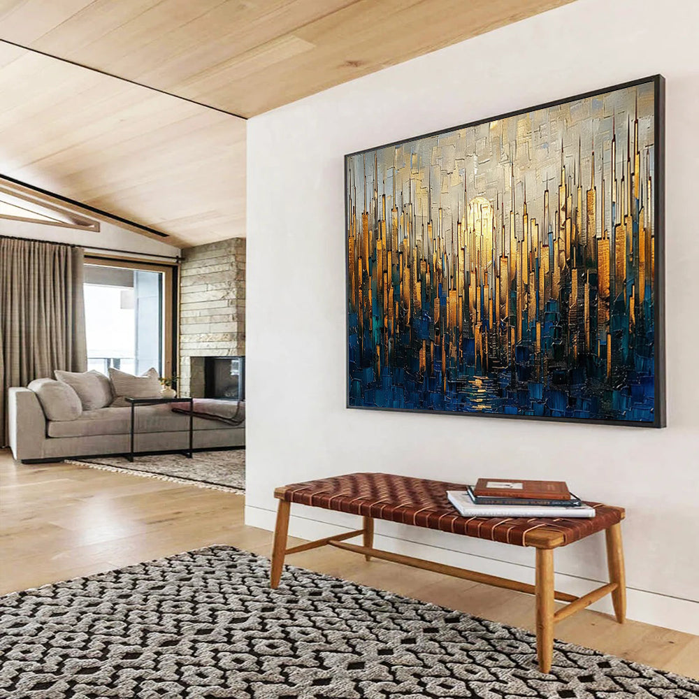 Golden Cityscape at Sunset - Textured Urban Landscape Painting On Canvas DLZ172