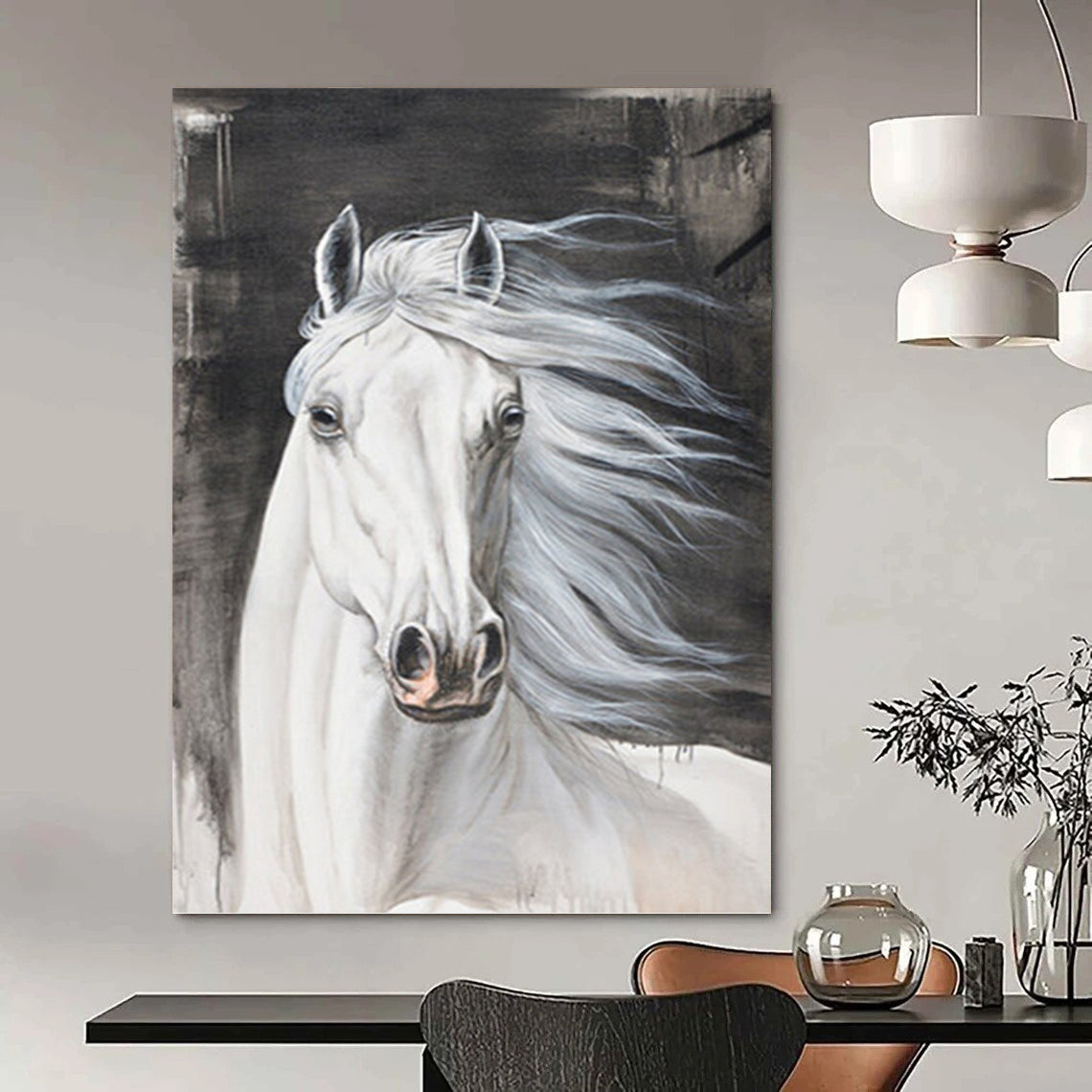 “Majestic Steed” - White Horse with Gray Background Realistic Painting On Canvas DKH1529