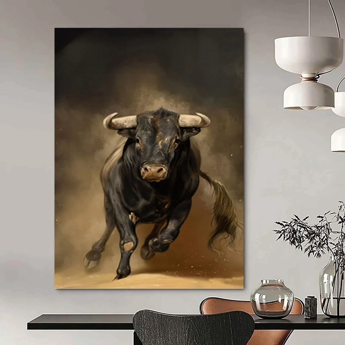 Charging Black Bull in Earthy Tones - Wildlife Painting On Canvas DKH1409