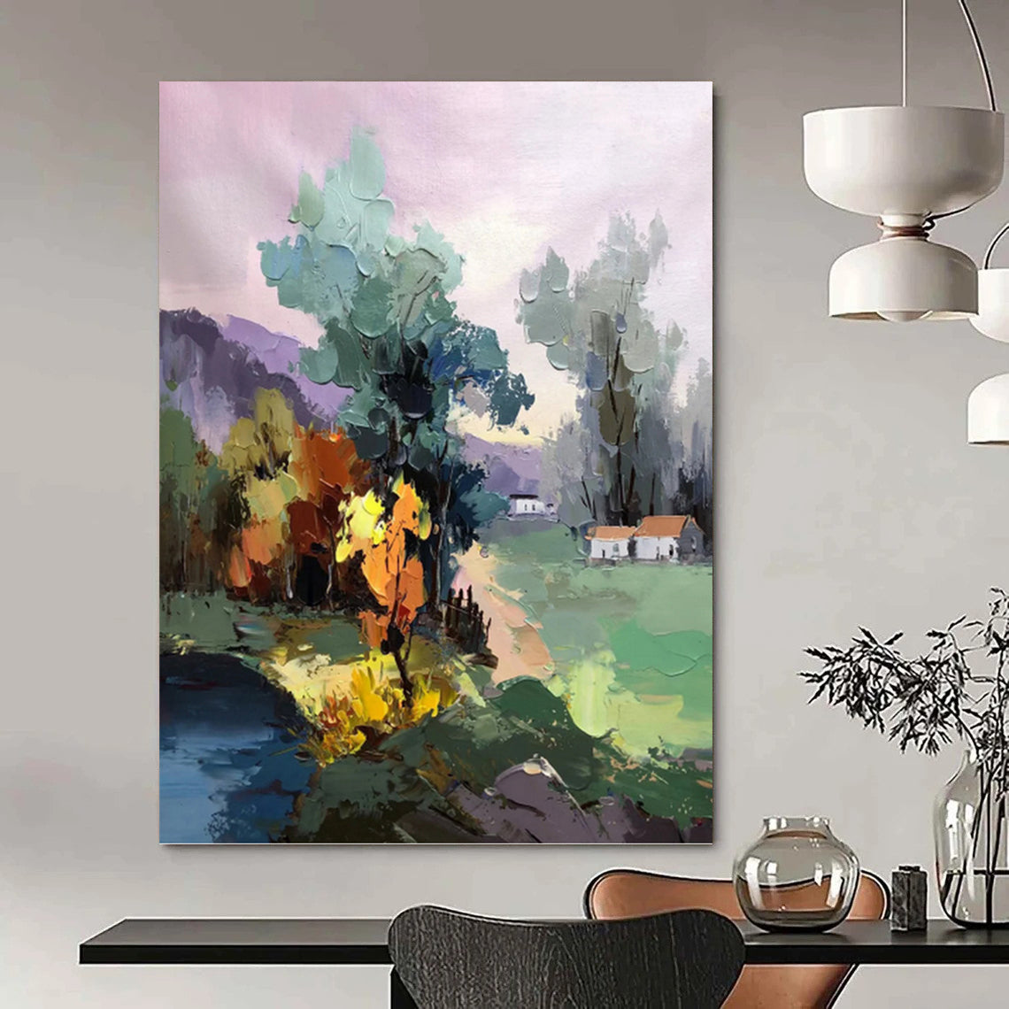 Colorful Village in Pastel Hues - Impressionistic Landscape Painting On Canvas DKH1289