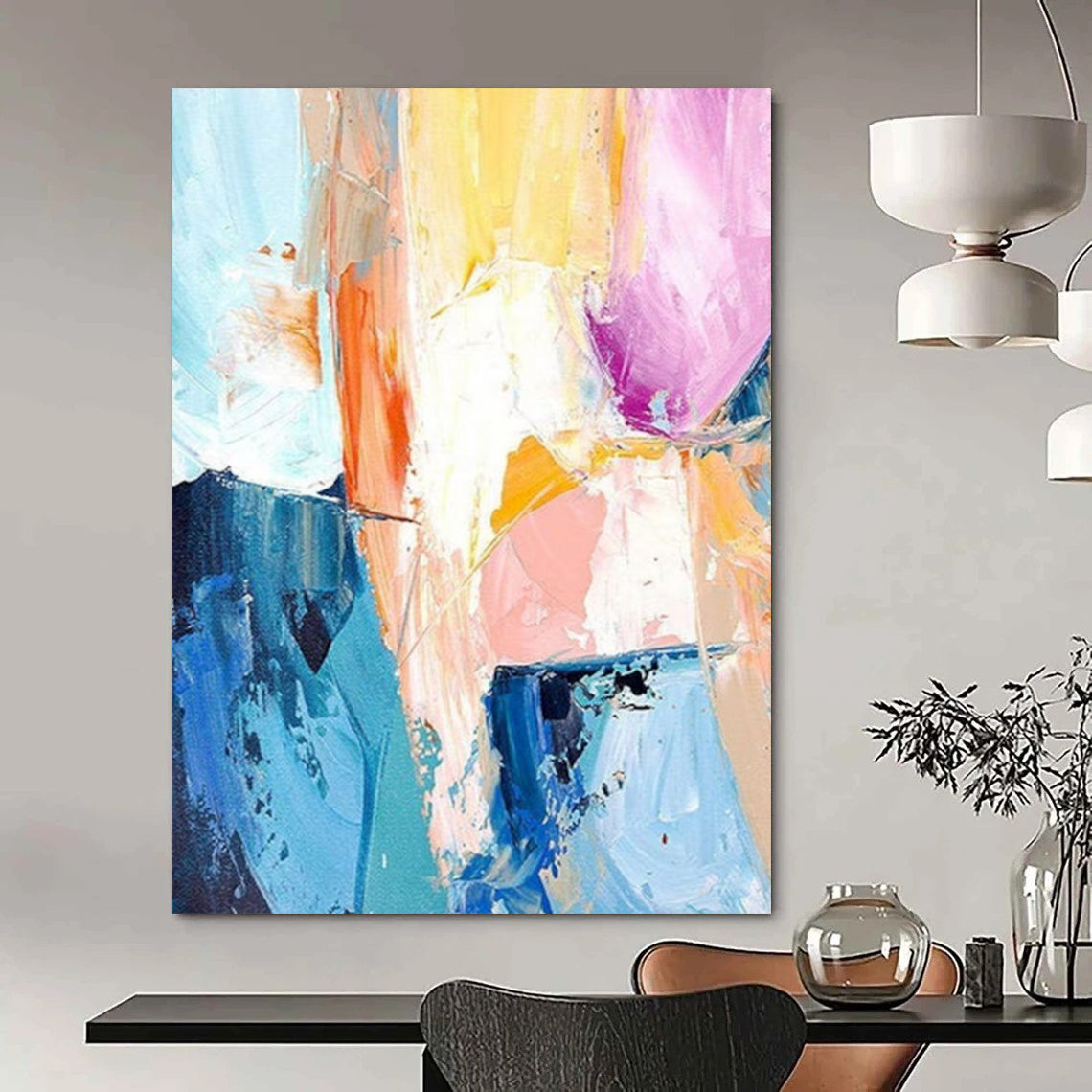 “Color - Clash Harmony” - Blue, Orange, Pink Dynamic Abstract Shapes Painting On Canvas DTP280