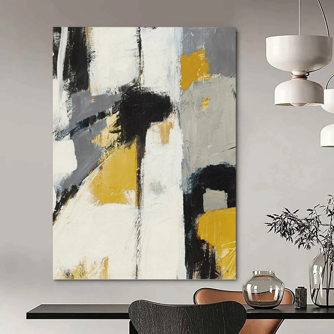 “Bold Neutrals” - Gray, Yellow, Black & White Abstract Block Painting On Canvas DKH1525
