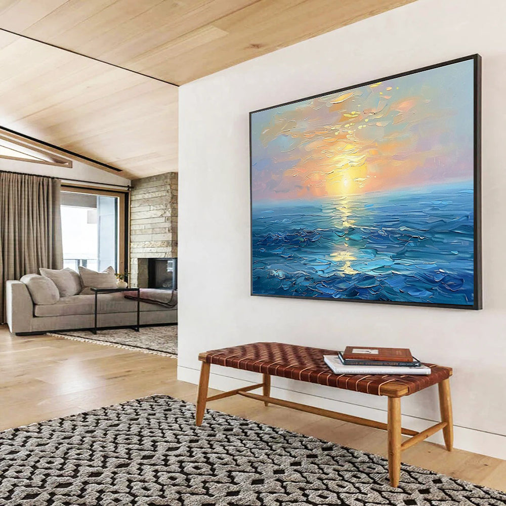 “Sunset Over the Sea” - Blue, Orange, Yellow Impressionistic Seascape Painting On Canvas DKH767