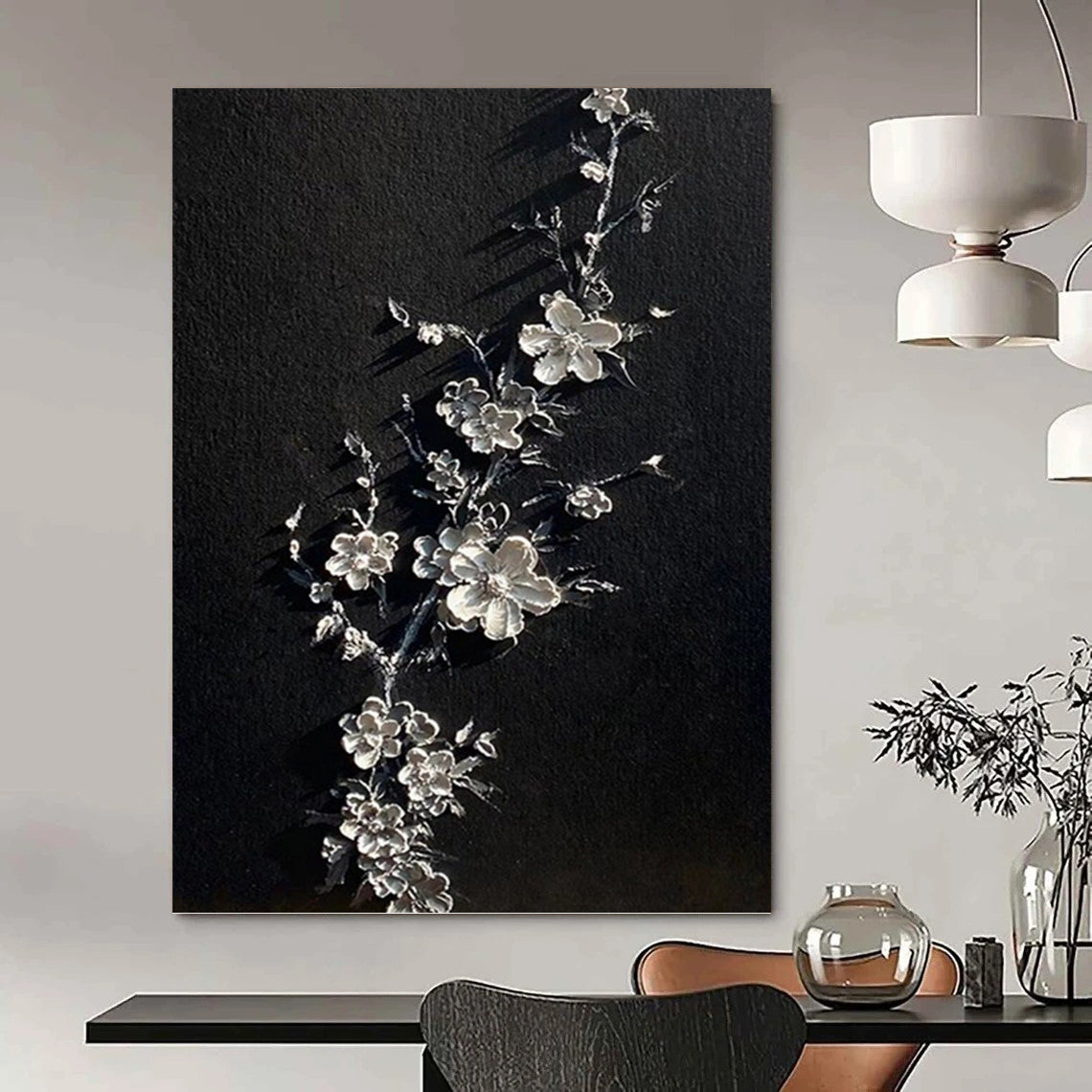 “Silver Blossoms” - Black & Silver 3D Floral Textured Painting On Canvas DKH1543