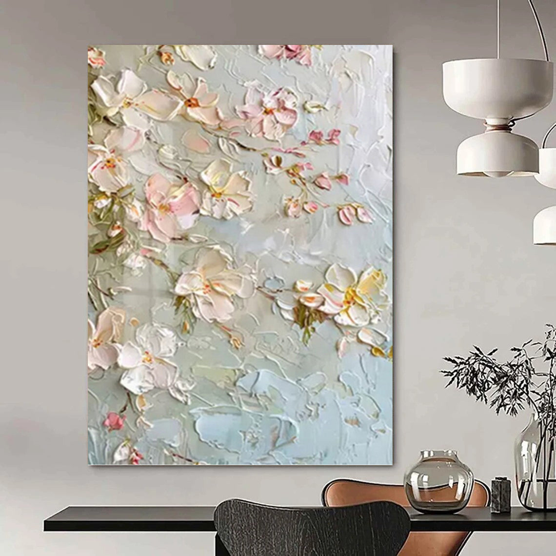 Light Blue and Pink Floral Blossom - Textured Flower Painting On Canvas DKH1392