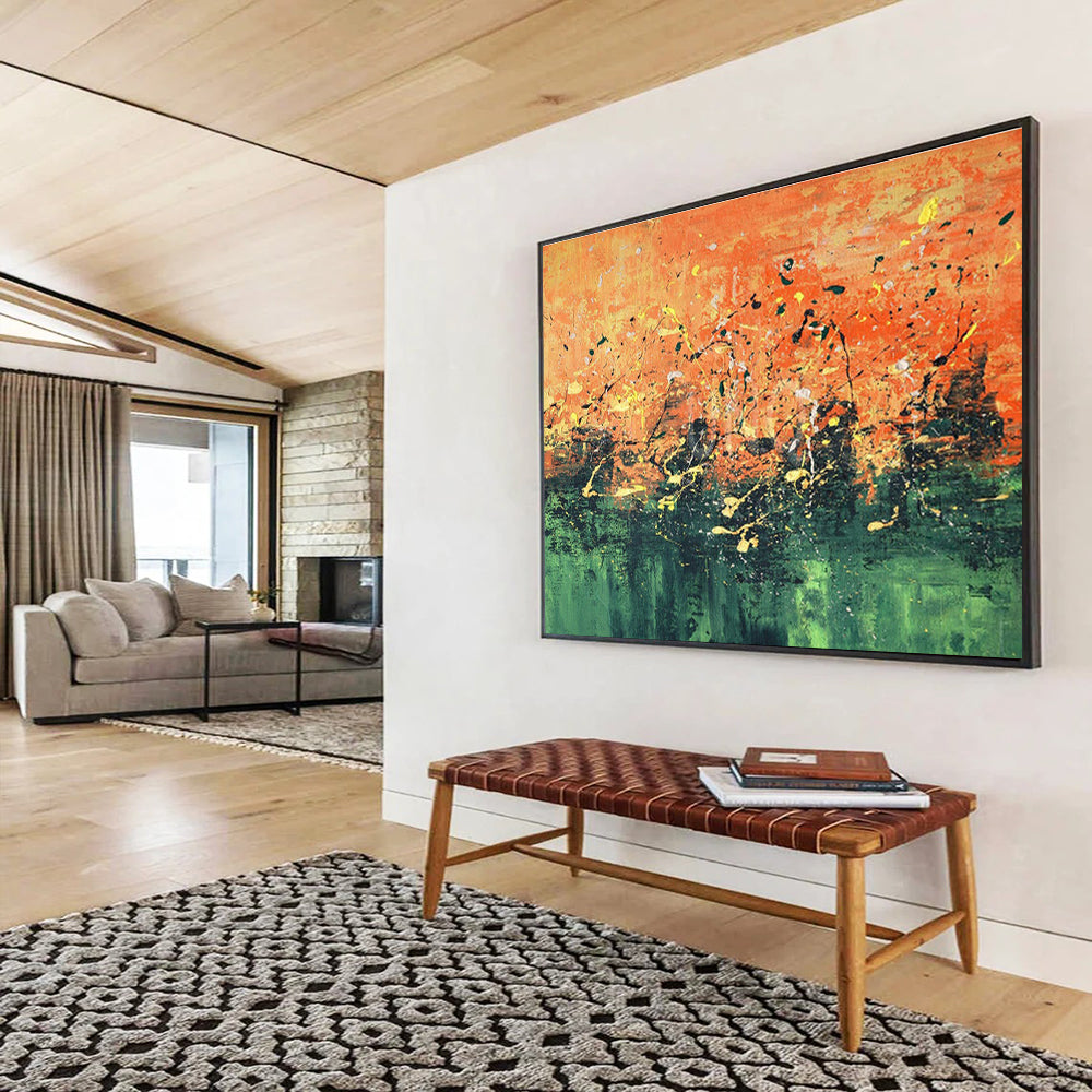 “Vibrant Splatter: Orange & Green” Abstract Expressionist Painting On Canvas DKH345