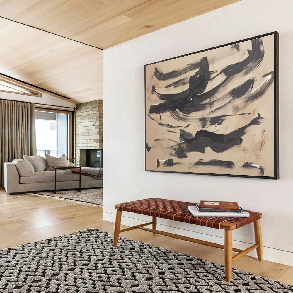 “Ink - Wash Abstraction” - Black, Beige Minimalist Brushstroke Painting On Canvas DKH735