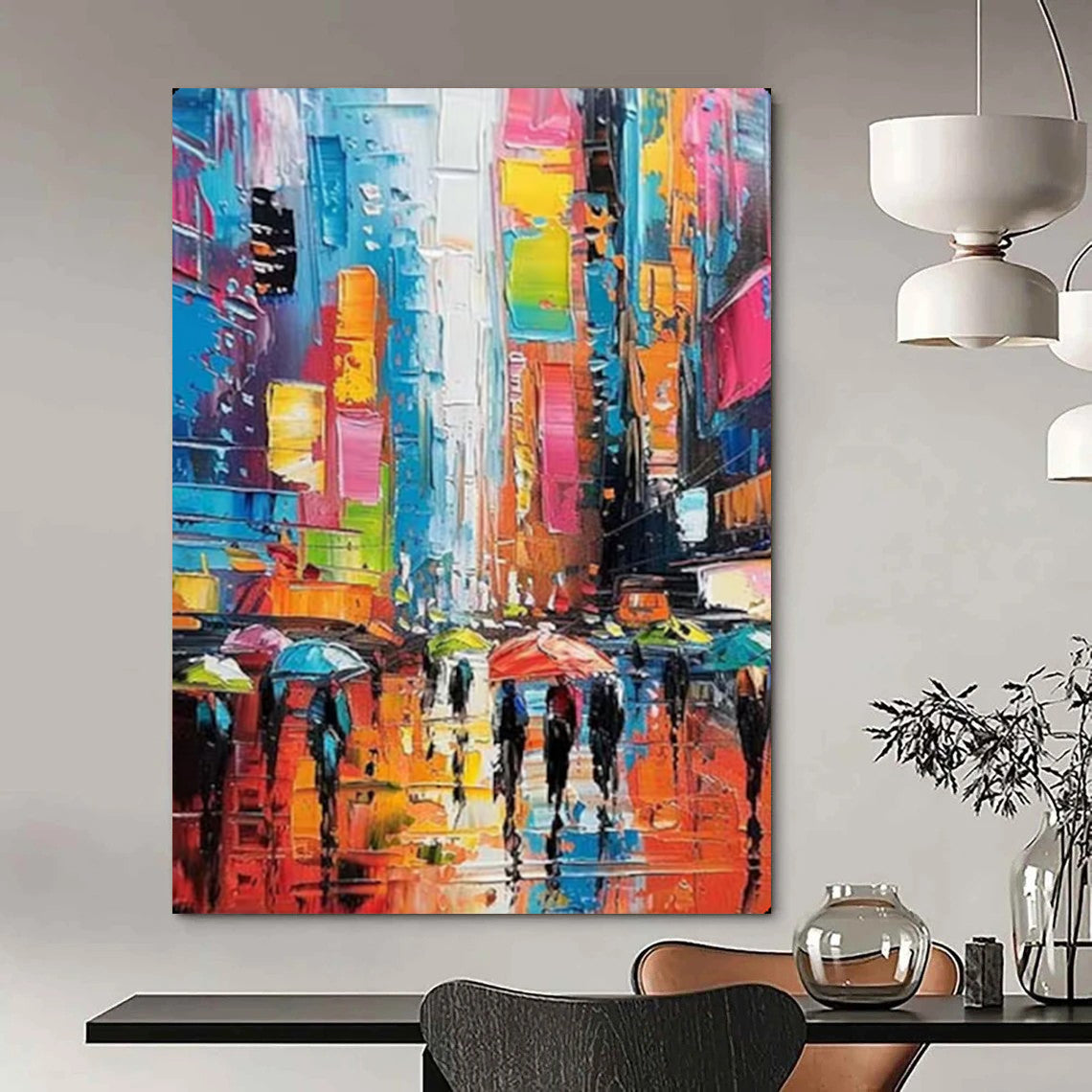 “Colorful Urban Rainy Street” – Impressionistic Cityscape Oil Painting On Canvas CT2141
