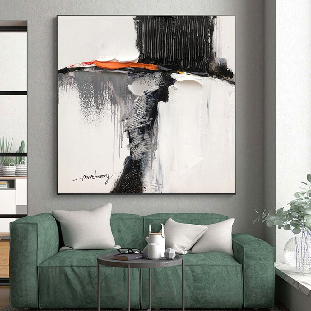 “Black - White - Orange - Gray Textured Figure” ,Abstract Acrylic Painting CT0791