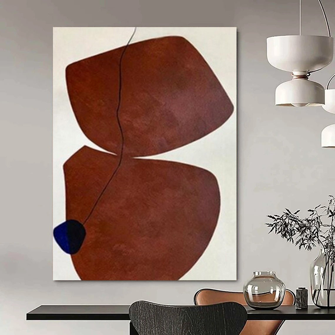 “Brown Shapes with Black Line and Blue Accent” – Minimalist Abstract Painting CT1115