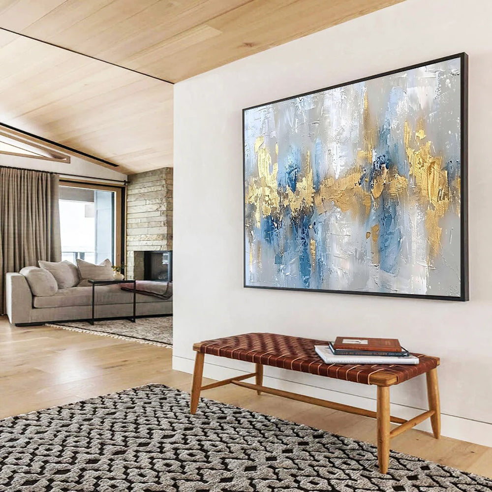 “Blue, Gold, Abstract ‘Coastal Glamour’” - Textured Abstract Painting On Canvas DLZ046