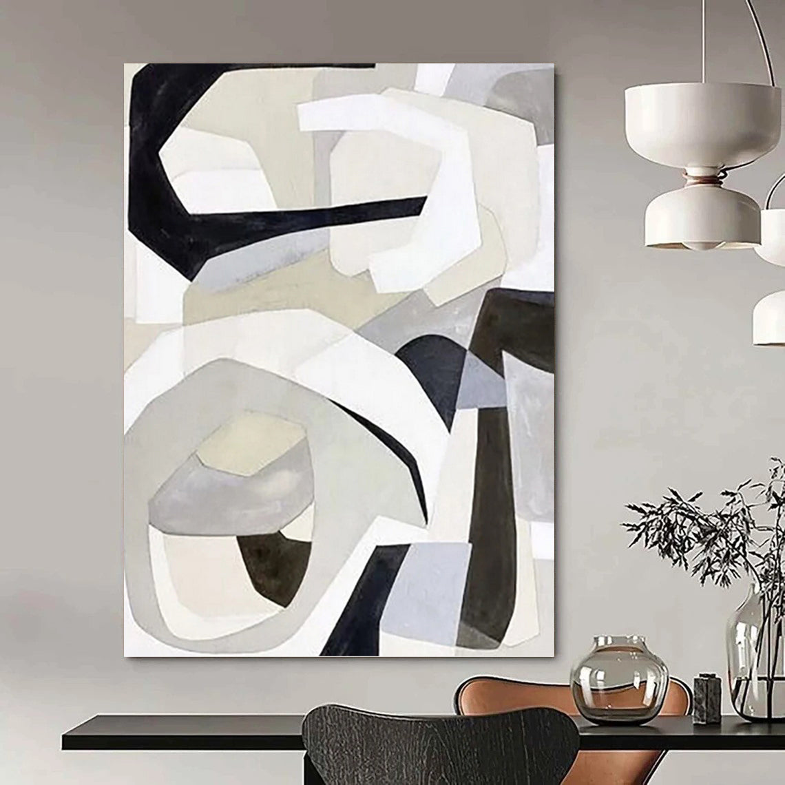 Monochrome Abstract Shapes in Gray Painting On Canvas DKH1141