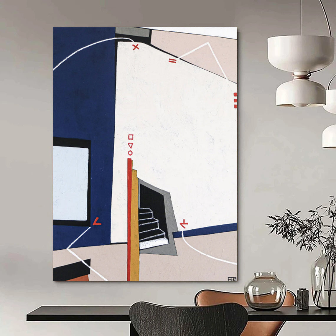 “Geometric Abstract with Blue, White, and Red Elements” - Architectural - Inspired Painting On Canvas DKH1106