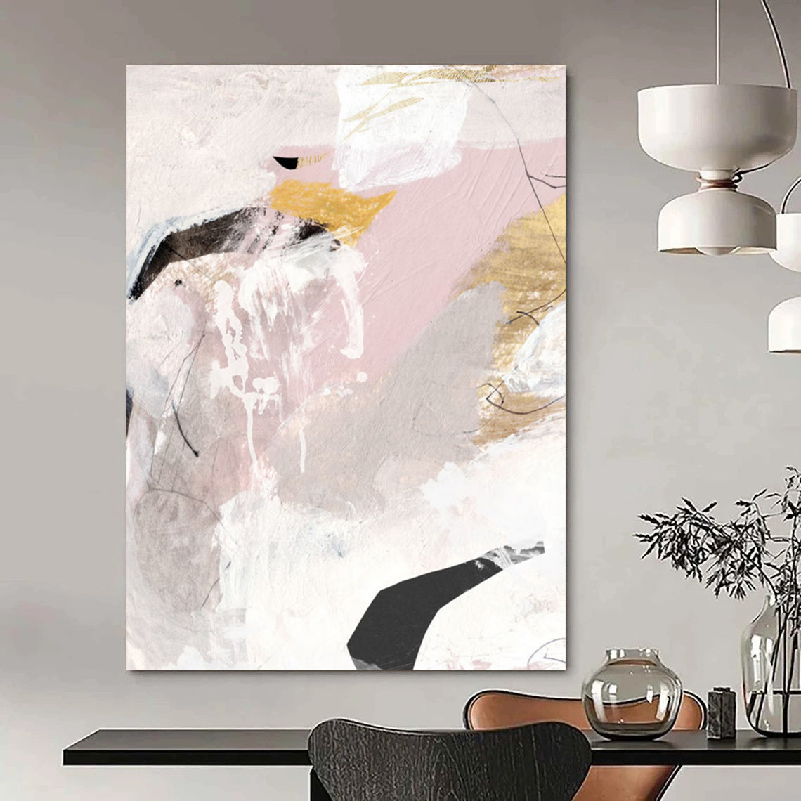 “Blush & Gold Abstract Fusion” - Pink, Gold, Gray Abstract Painting On Canvas DTP211