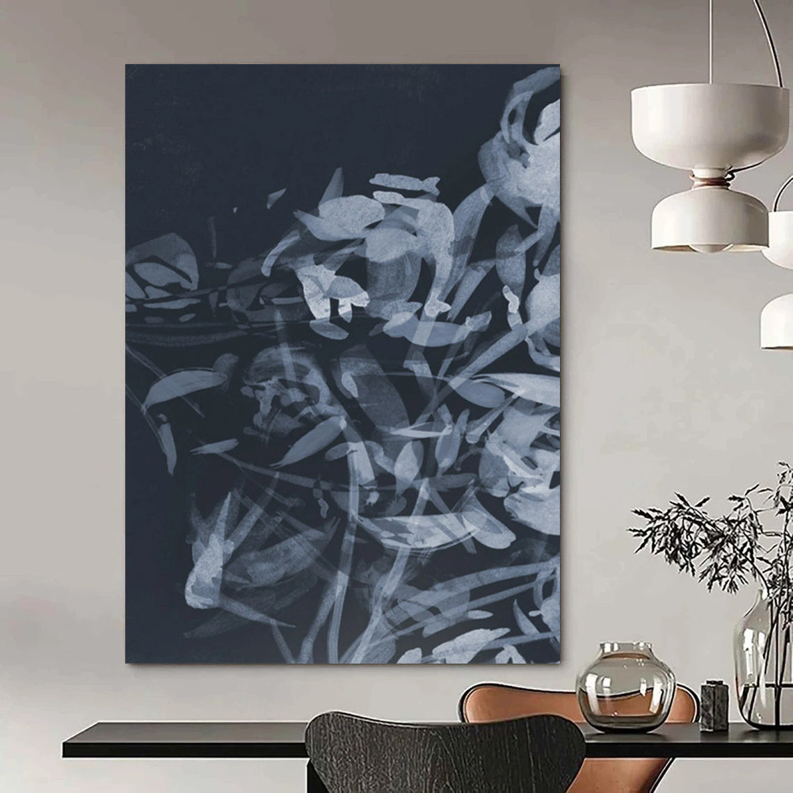 “Indigo Floral Abstraction” - Dark Blue, Light Blue Floral Painting On Canvas DTP240