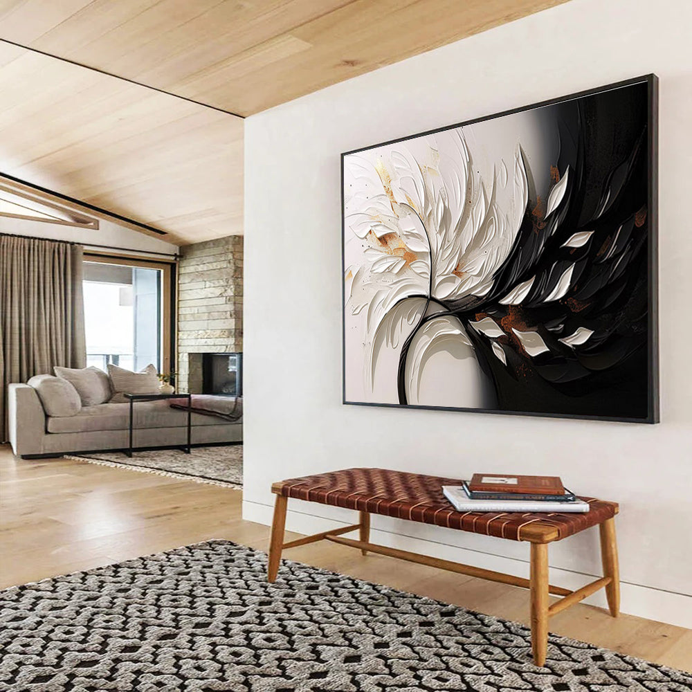 “3D White & Black Floral Burst” - White, Black, Gold Textured Floral Painting On Canvas DKH746