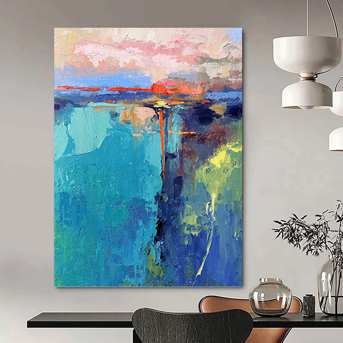 “Colorful Abstract Sunset” - Blue, Pink, Orange & Green Landscape - Inspired Painting On Canvas DKH1030
