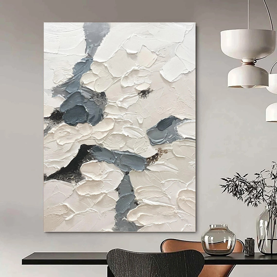 “Cloudy Path Impasto” - White & Gray Textured Pathways Painting On Canvas DKH1165