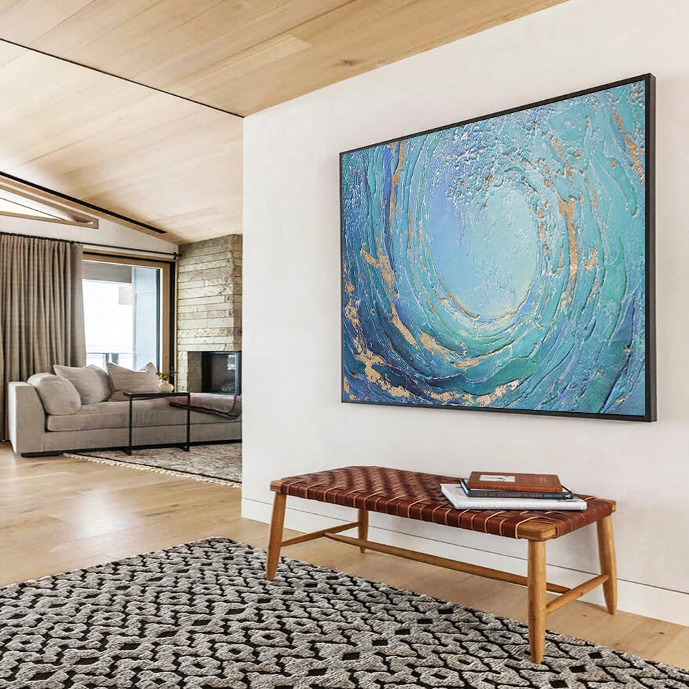 “Swirling Ocean Gold” - Blue, Teal & Gold Textured Wave Painting On Canvas DLZ254