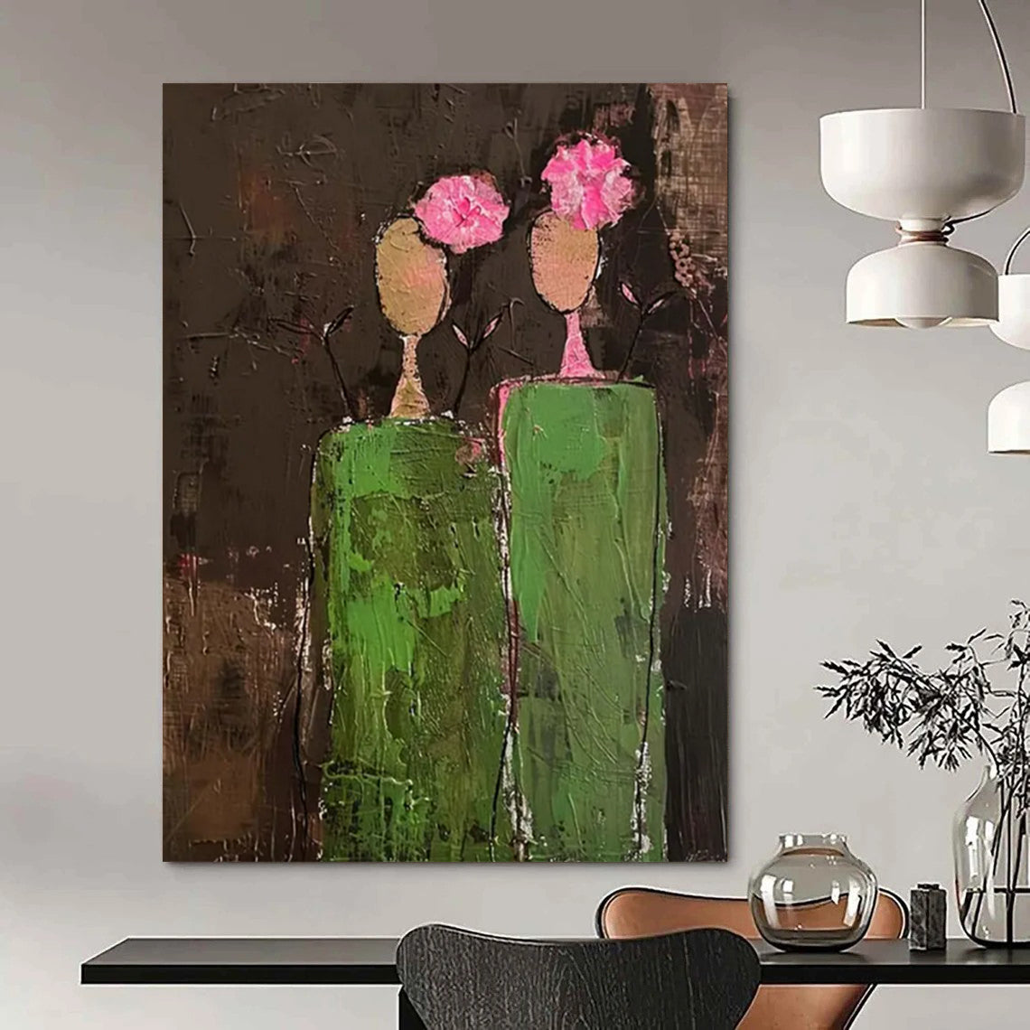 “Pink - Flowered Figure Abstract” - Naive Art - Inspired Painting On Canvas DTP080