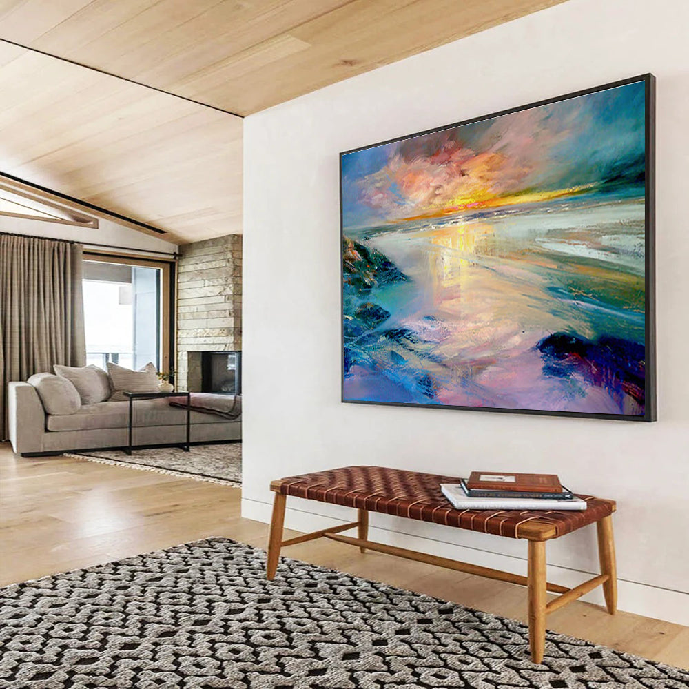 Colorful Sunset Beach Scene Impressionistic Painting On Canvas DKH213