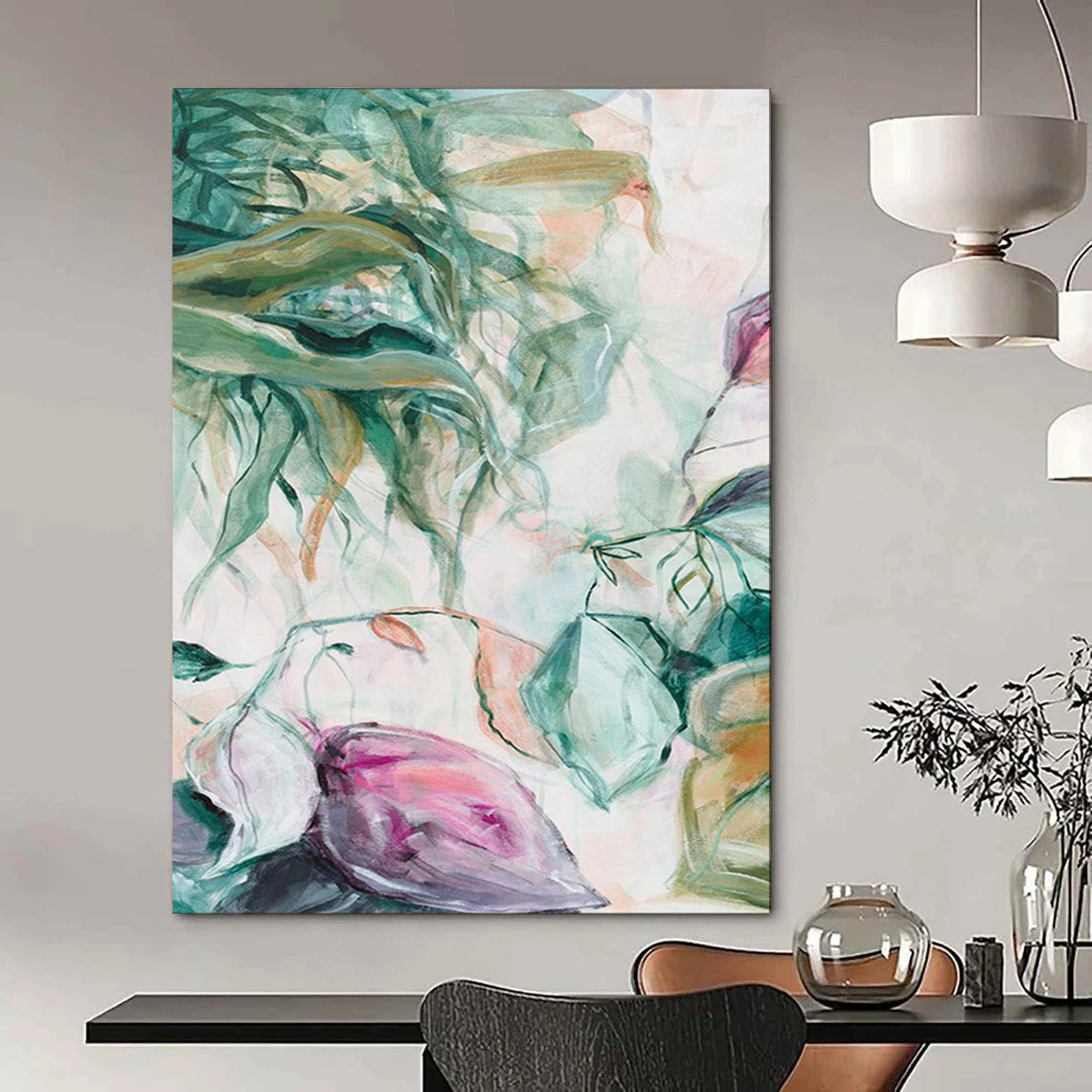 Green Leaves, Pink Blooms - "Dreamy Botanicals" - Abstract Floral Painting CT1850
