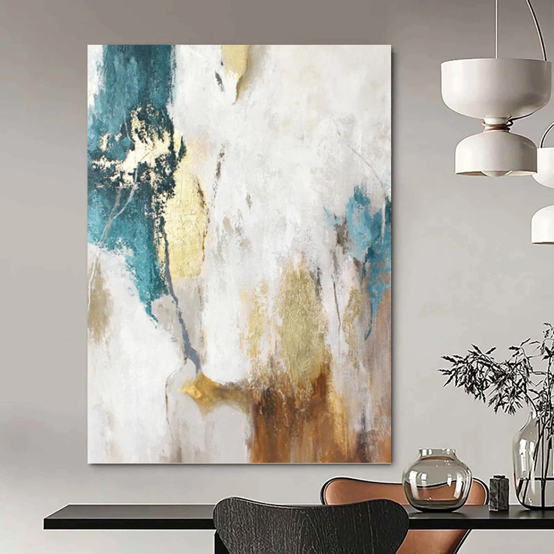 “Turquoise, Gold & White Abstract” - Turquoise, Gold & White Tropical - Inspired Painting On Canvas DKH1014