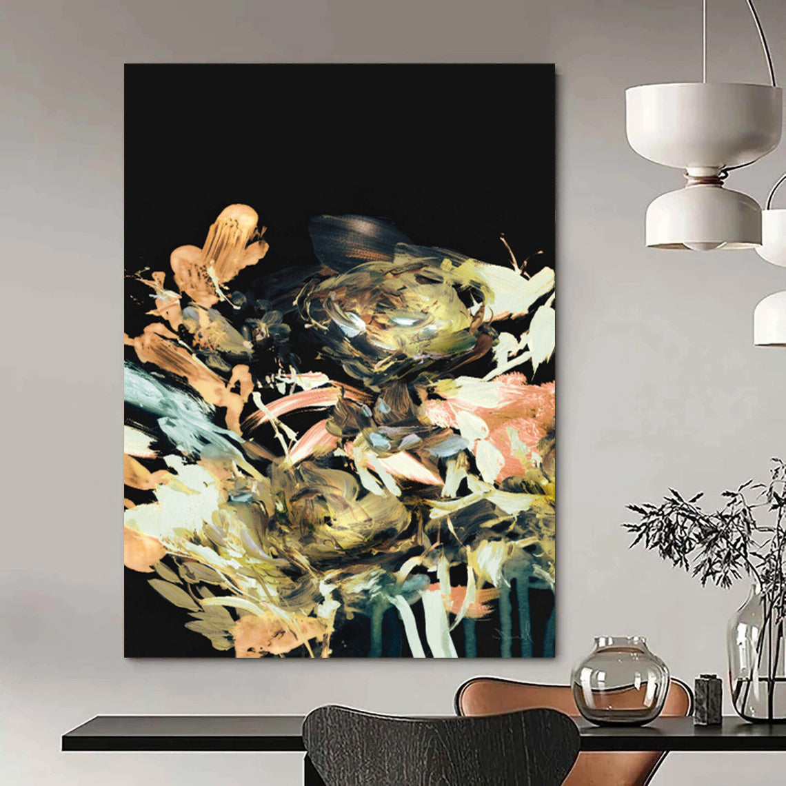 “Gilded Floral Burst on Black” - Impressionistic Floral Painting On Canvas DTP171