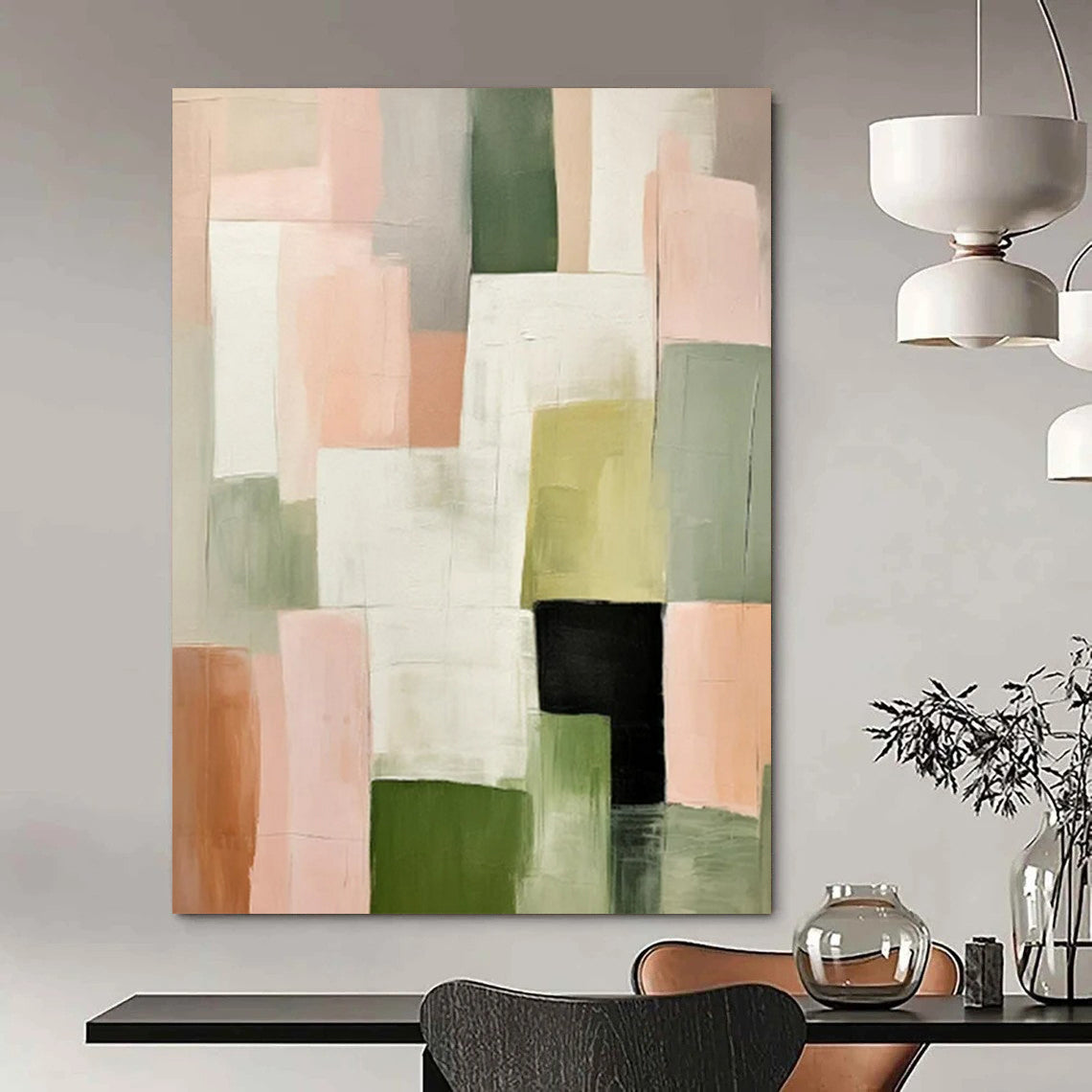 Neutral & Green Geometric Blocks - Modernist Geometry - Based Painting On Canvas CT2260