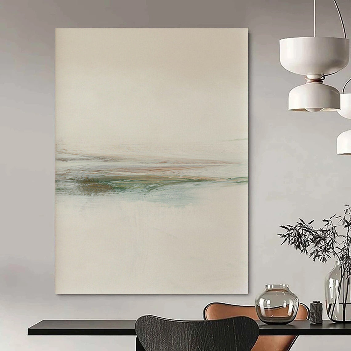 “Minimalist Coastal Stripes” - Beige, Blue, Green Abstract Landscape Painting On Canvas DTP226