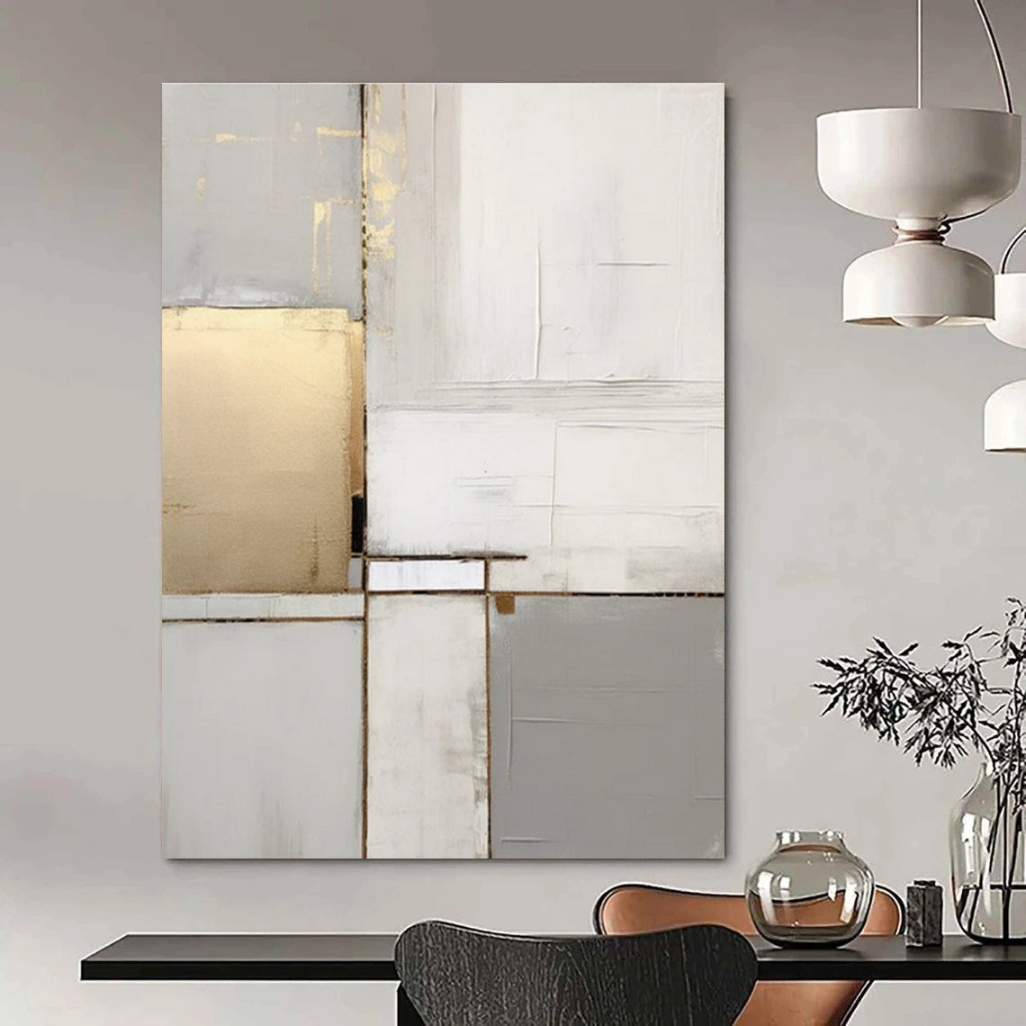 Grey - Gold Geometric Abstraction - Minimalist Geometric Acrylic Painting CT1432
