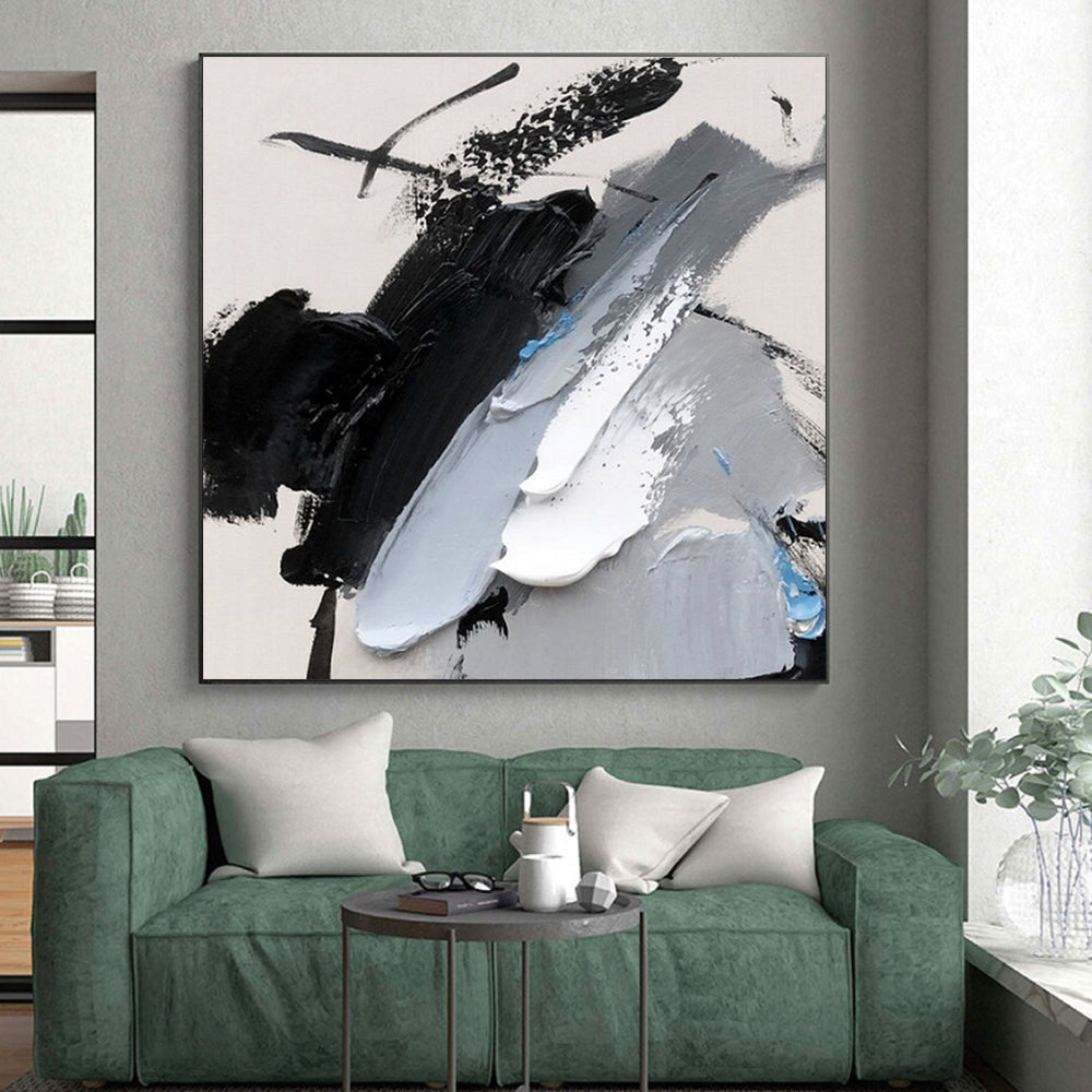 Black, Gray, White & Blue Abstract Strokes, “Chilled Dynamism” - Impasto Abstract Painting CT0777
